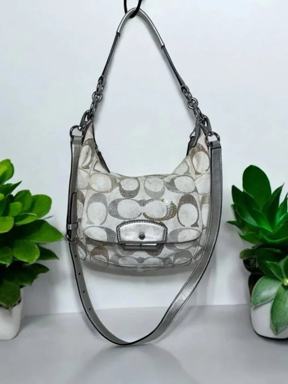 Coach Kristin Signature Hobo White Silver Grey Shoulder Purse Handbag Bag Y2K
